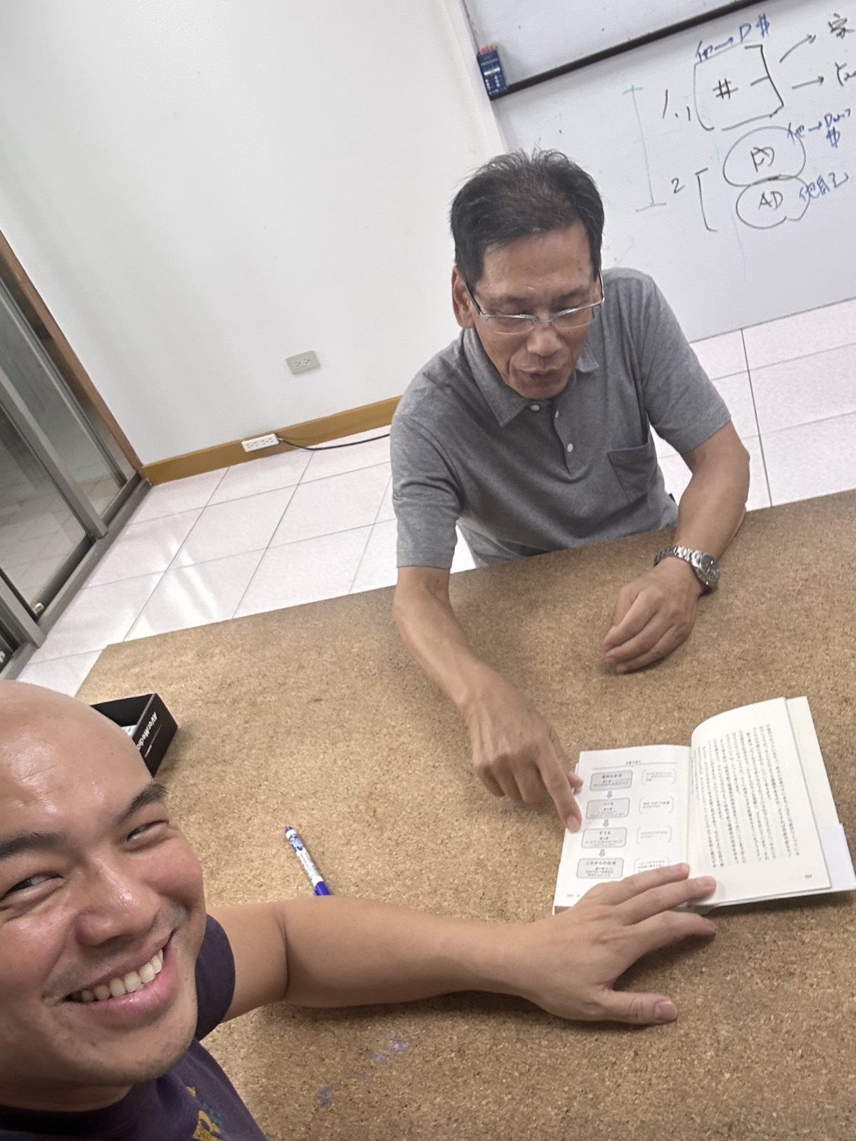 ศาสตราจารย์ทานิโมโตะชี้แผนภาพลำดับขั้นในหนังสือของท่านที่โต๊ะในสำนักงาน DOMI โดยมี Corey ยิ้มอยู่ข้าง ๆ